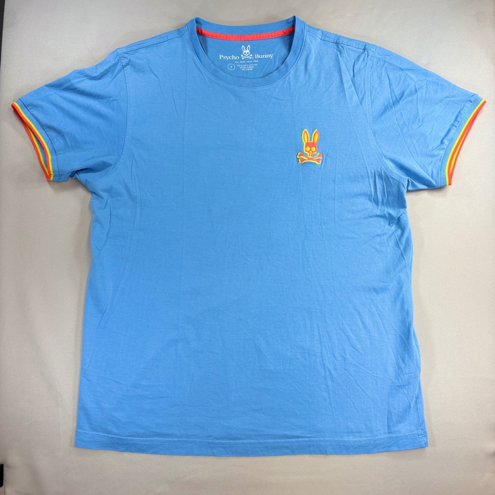 Psycho Bunny Tee Mens Size 6 Large Blue Pima Cotton Rainbow Trim Streetwear